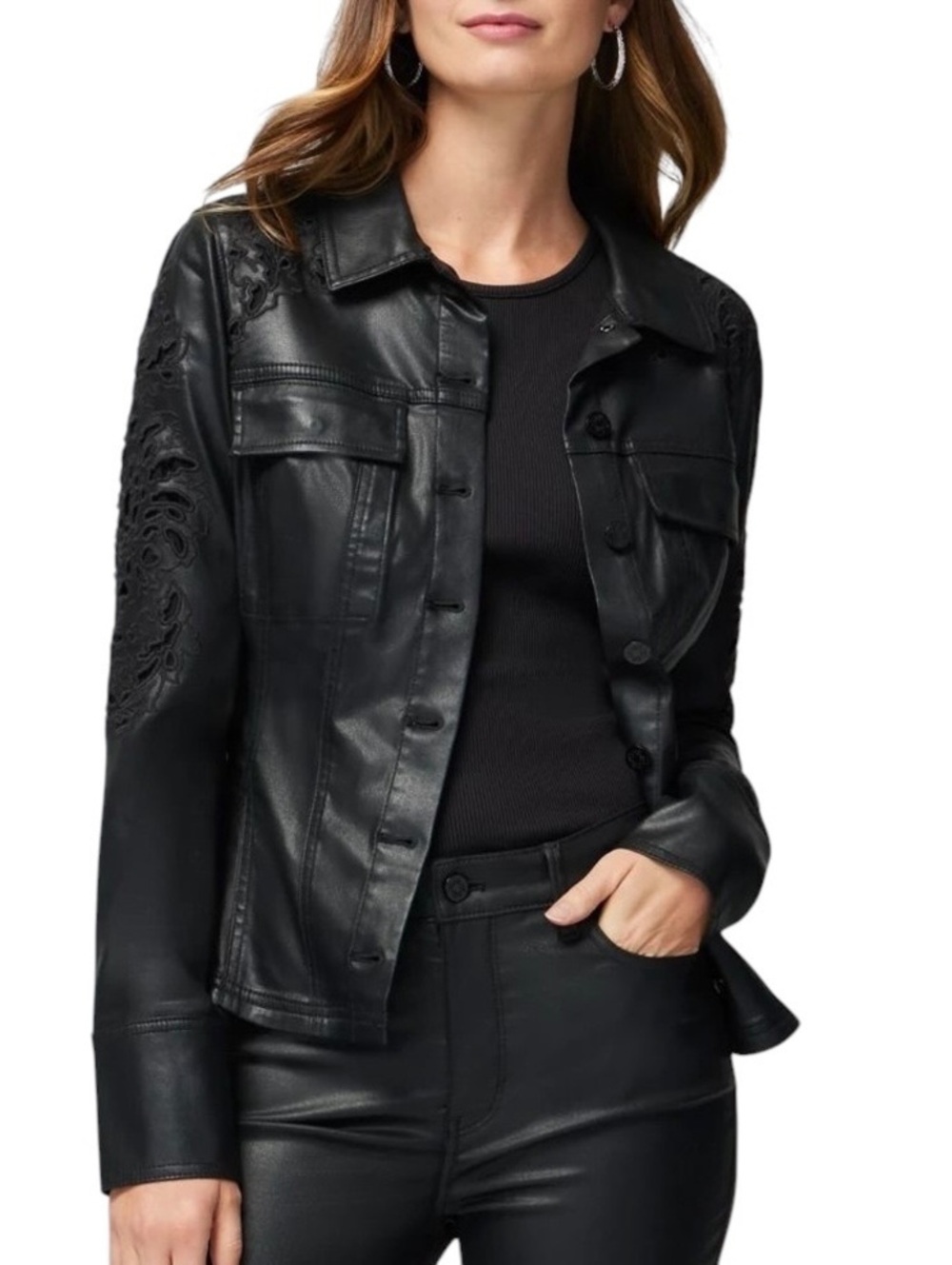 WHITE HOUSE BLACK MARKET Womens (12) Black Coated Trucker Jacket Button-Up